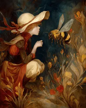 Young Cowgirl Talking to a Bumblebee Western Art Print - 8"x10" Artwork