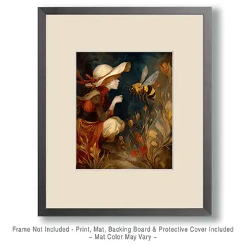 Young Cowgirl Talking to a Bumblebee Western Art Print - 8"x10" Artwork