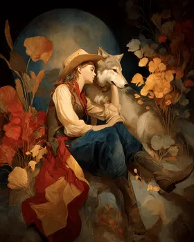 A Cowgirl and Her Wolf Western Art Print - 8"x10" Artwork