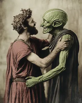 Greek Greets Alien - Cryptids Art Prints - 8"x8" Artwork for 12"x12" Frame