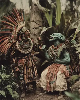 Aztec God & Alien Share a Good Laugh - Cryptids Art Prints - 8"x8" Artwork for 12"x12" Frame