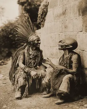 Aztec Warrier Listens to an Alien Joke - Cryptids Art Prints - 8"x8" Artwork for 12"x12" Frame