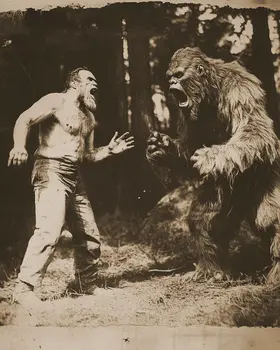 Deep Woods Roaring Contest - Man vs. Bigfoot - Cryptids Art Prints - 8"x8" Artwork for 12"x12" Frame