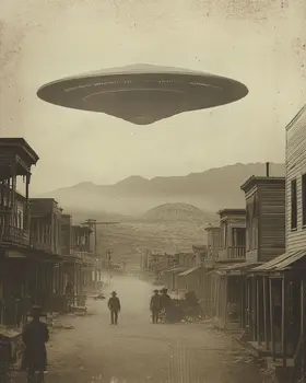 Vintage Flying Saucer Over Old West Town - Cryptids Art Prints - 8"x8" Artwork for 12"x12" Frame