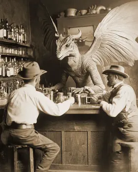 Old West Snallygaster Bartender - Cryptids Art Prints - 8"x8" Artwork for 12"x12" Frame