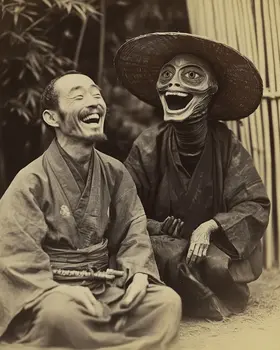 Samurai & Alien Share a Good Laugh - Cryptids Art Prints - 8"x8" Artwork for 12"x12" Frame