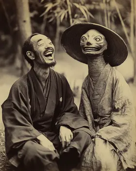 Alien Tells a Samurai a Joke - Cryptids Art Prints - 8"x8" Artwork for 12"x12" Frame