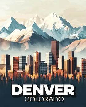 Cityscape with Snowcapped Mountains - Denver Souvenir Art Prints - 8"x10" Artwork