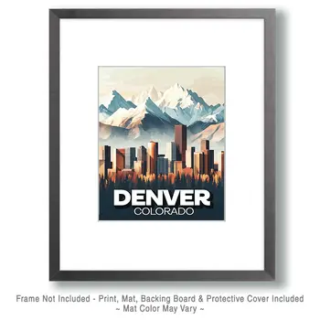 Cityscape with Snowcapped Mountains - Denver Souvenir Art Prints - 8"x10" Artwork