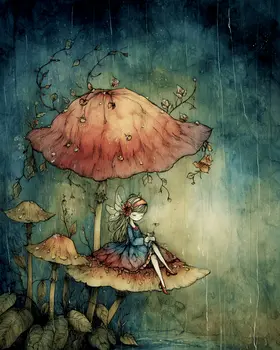 Fairy Under Mushroom in the Rain Art Print - Fairies 8"x10" Artwork