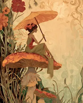 Fairy on a Mushroom During a Sunshower Art Print - Fairies 8"x10" Artwork
