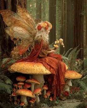 Woodland Fairy on a Mushroom Waiting Art Print - Fairies 8"x10" Artwork