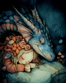 Fairy Sleeping with Her Pet Dragon Art Print - Fairies 8"x10" Artwork