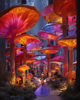 Fairy in Psychedelic Mushroom Forest Art Print - Fairies 8"x10" Artwork