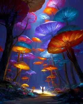 Fairy Wandering Among Psychedelic Mushrooms Art Print - Fairies 8"x10" Artwork
