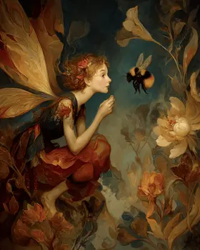 Fairy Inviting Bumblebee to Tea Art Print - Fairies 8"x10" Artwork