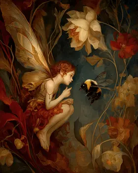 Fairy Chatting with Bumblebbe Art Print - Fairies 8"x10" Artwork