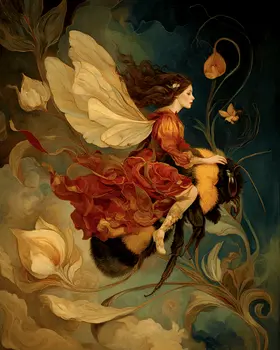 Fairy Hitching a Ride on Bumblebee Art Print - Fairies 8"x10" Artwork