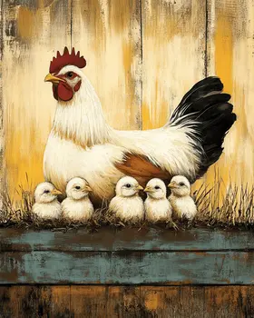 Vintage Hen with Brood - Chicken Art Prints - 8"x10" Artwork for 11"x14" Frame