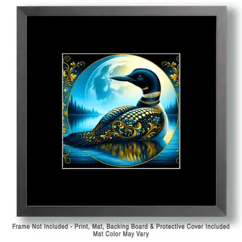 Full Moon Loon Filigree Wildlife Art Prints - 8"x8" Artwork for 12"x12" Frame
