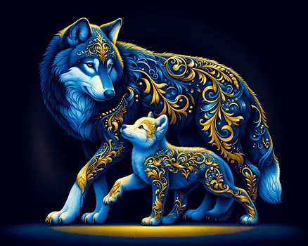 Wolf with Cub Filigree Wildlife Art Prints - 8"x10" Artwork for 11"x14" Frame
