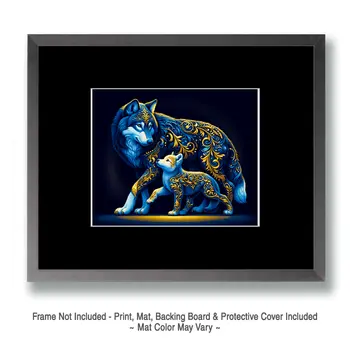Wolf with Cub Filigree Wildlife Art Prints - 8"x10" Artwork for 11"x14" Frame