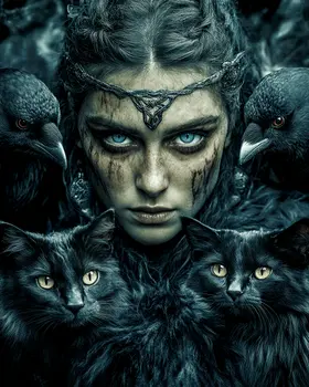 Freya the Norse Goddess with Her Cats and Ravens - 8"x10" Artwork for 11"x14" Frame