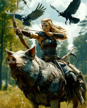 Freya the Norse Goddess Riding Her War Pig with Her Ravens Following - 8"x10" Artwork for 11"x14" Frame