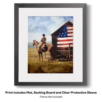 American Life- Cowboy Carrying Flag - Americana Country Life Art Prints - 8"x10" Artwork for 11"x14" Frame