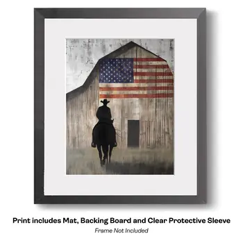 American Life- Cowboy Carrying Flag - Americana Country Life Art Prints - 8"x10" Artwork for 11"x14" Frame