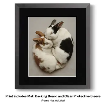 Bunnies Cuddling, Happy Rabbits - Pets Sleeping Art Prints – 8″x10″ Artwork for 11″x14″ Frame