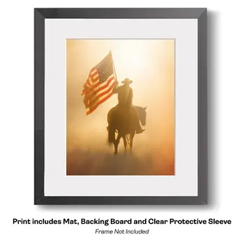 American Life- Cowboy Carrying Flag - Americana Country Life Art Prints - 8"x10" Artwork for 11"x14" Frame