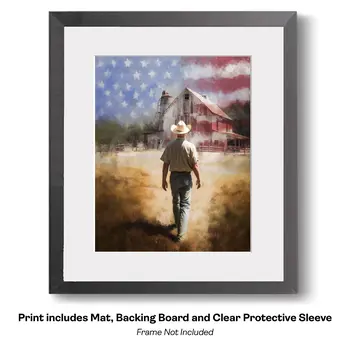 American Life- Cowboy Carrying Flag - Americana Country Life Art Prints - 8"x10" Artwork for 11"x14" Frame