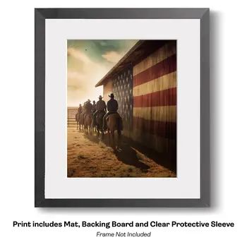 American Life- Cowboy Carrying Flag - Americana Country Life Art Prints - 8"x10" Artwork for 11"x14" Frame