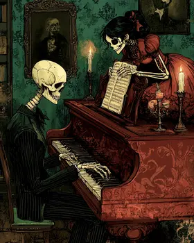 Goth Skeleton Playing Piano with Help Art Prints - Gothic 8"x10" Artwork