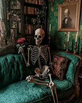 Goth Skeleton on Chaise Lounge Admiring a Rose Art Prints - Gothic 8"x10" Artwork