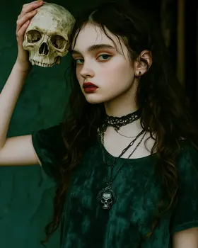 Goth Young Woman with Skull Art Prints - Gothic 8"x10" Artwork