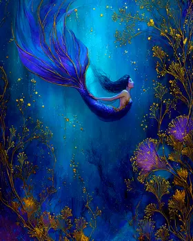 Deep Blue Mermaid Coastal Art Print - 8"x10" Artwork