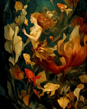 Mermaid Listening to Goldfish Coastal Art Print - 8"x10" Artwork