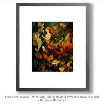 Mermaid Listening to Goldfish Coastal Art Print - 8"x10" Artwork