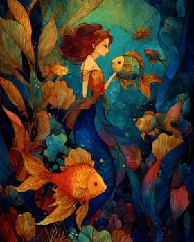 Mermaid with Fish Friend Coastal Art Print - 8"x10" Artwork