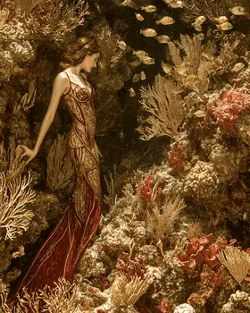 Deco Mermaid Undersea Coastal Art Print - 8"x10" Artwork