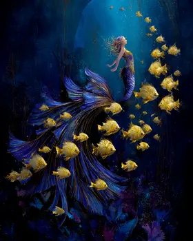 Gold and Blue Mermaid Coastal Art Print - 8"x10" Artwork
