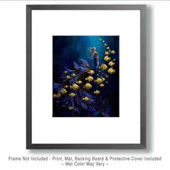 Gold and Blue Mermaid Coastal Art Print - 8"x10" Artwork
