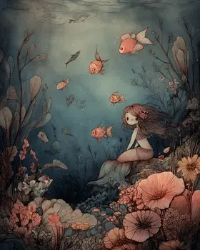Sad Sally the Mermaid Coastal Art Print - 8"x10" Artwork