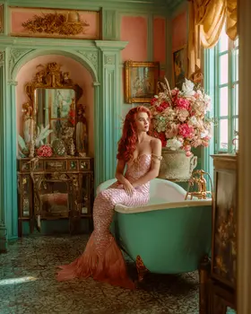 Mermaid in Parlor Coastal Art Print - 8"x10" Artwork