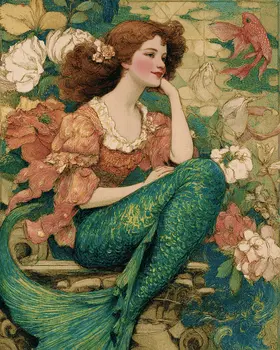 Mermaid Wallpaper Coastal Art Print - 8"x10" Artwork
