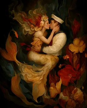 Mermaid Kissing Sailor Coastal Art Print - 8"x10" Artwork