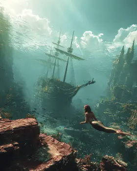 Mermaid and Sunken Ship Surrealism Coastal Art Print - 8"x10" Artwork