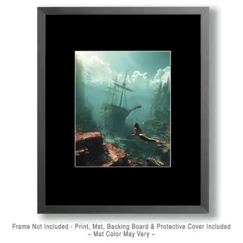 Mermaid and Sunken Ship Surrealism Coastal Art Print - 8"x10" Artwork